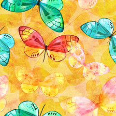 Seamless pattern with butterflies on texture of golden leaves