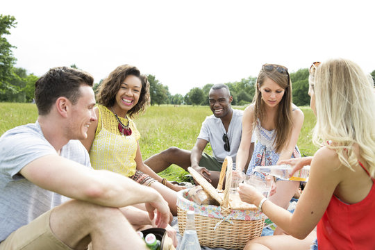 Group Of Friends Sitting On Blanket Enjoying Picnic 