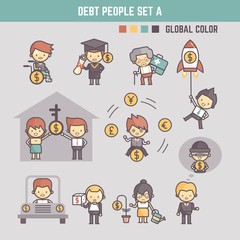 outline cartoon characters illustration of people in debt