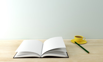 empty book with pencil and coffee cup on wood table