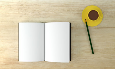 empty book with pencil and coffee cup on wood table