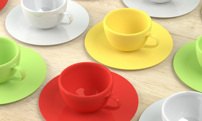 many colorful coffee cup on wood table