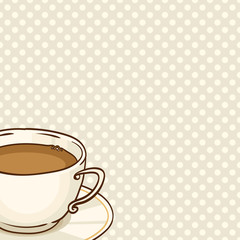 Cup of coffee or black tea with saucer. Vector hand drawn illustration. Spotted seamless pattern on background