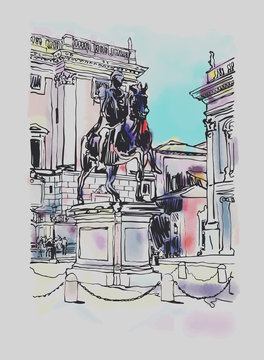 sketch digital drawing of Rome Italy cityscape with sculpture eq