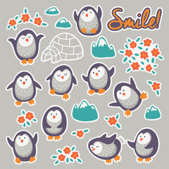 Collection of stickers with cute cartoon funny penguins