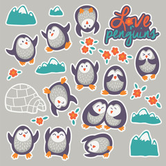 Collection of stickers with cute cartoon funny penguins