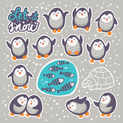 Collection of stickers with cute cartoon funny penguins