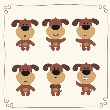Vector set isolated emotions cartoon puppy. Stickers emoticons puppy with different emotions.