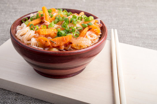 Closeup Asian food of rice noodles and vegetable sauce