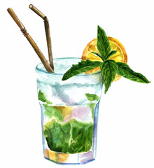 Vector watercolor drawing of mojito cocktail on white