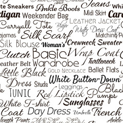 seamless background of women's basic wardrobe check list, typographic illustration made in vector