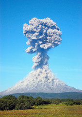 Karimskiy volcano. Volcanic eruption in Kamchatka, ash flow and destroyed