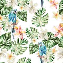 Pattern with watercolor realistic flowers plumeria, alstroemeria and parrot.