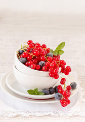 Blueberries and redcurrant in white bowl on a table