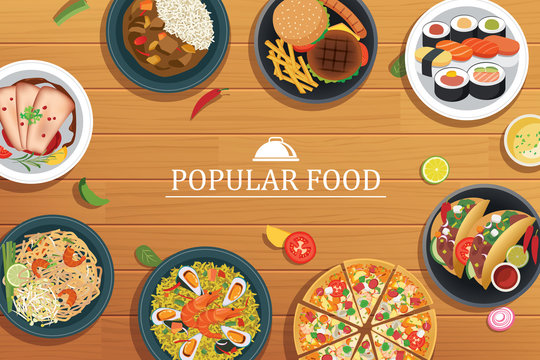 popular food on a wooden background.Vector popular food top