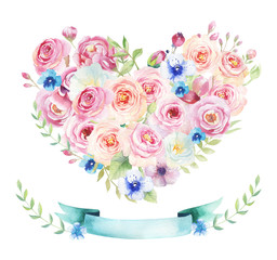 Watercolor vintage floral piony heart bouquet. Boho spring flowe
