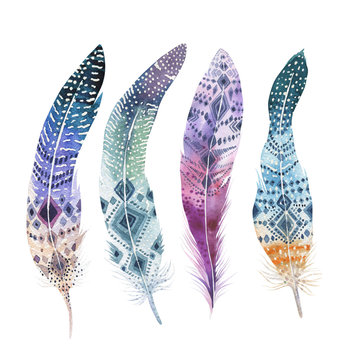 Hand drawn watercolor paintings vibrant feather set. Boho style 