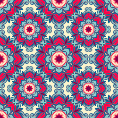 Seamless pattern with mandalas in beautiful colors. Vector background