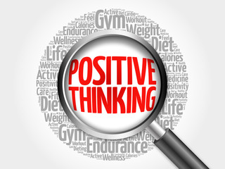 Positive thinking word cloud with magnifying glass, health concept
