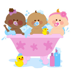 Babies in a bath tub taking a bubble bath. Vector illustration