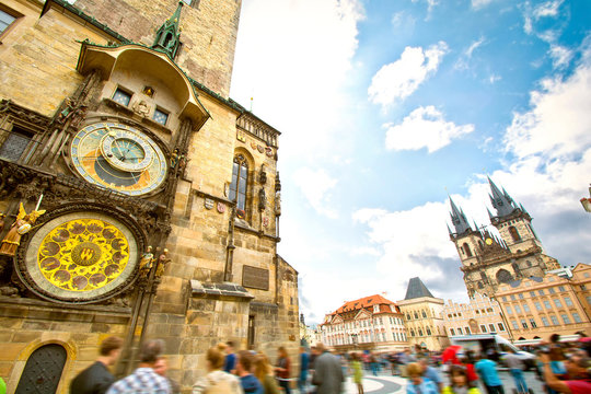 Prague. Old Town Hall with Orloj Astronomical Clock and Tyn Church.