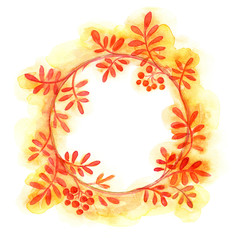 hand painted round autumn floral frame. Watercolor painting.