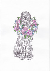 dog with a bouquet of flowers