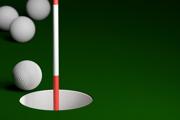 Golf Ball with Flagstick at Hole Background, 3D Rendering