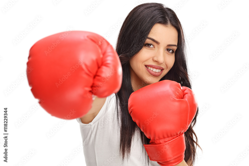 Sticker woman posing with a pair of boxing gloves