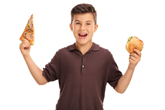 Kid Holding A Sandwich And A Slice Of Pizza