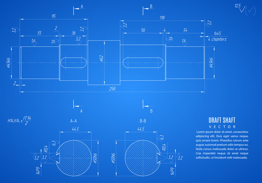 blueprint of shaft, project technical drawing on the blue background. stock vector illustration eps10