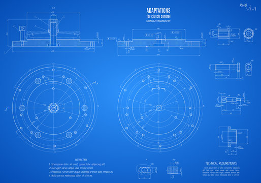 blueprint of clutch, project technical drawing on the blue background. stock vector illustration eps10