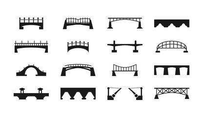 Vector black bridges icons isolated on white urban construction silhouettes