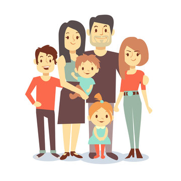 Cute cartoon family vector characters in casual clothes