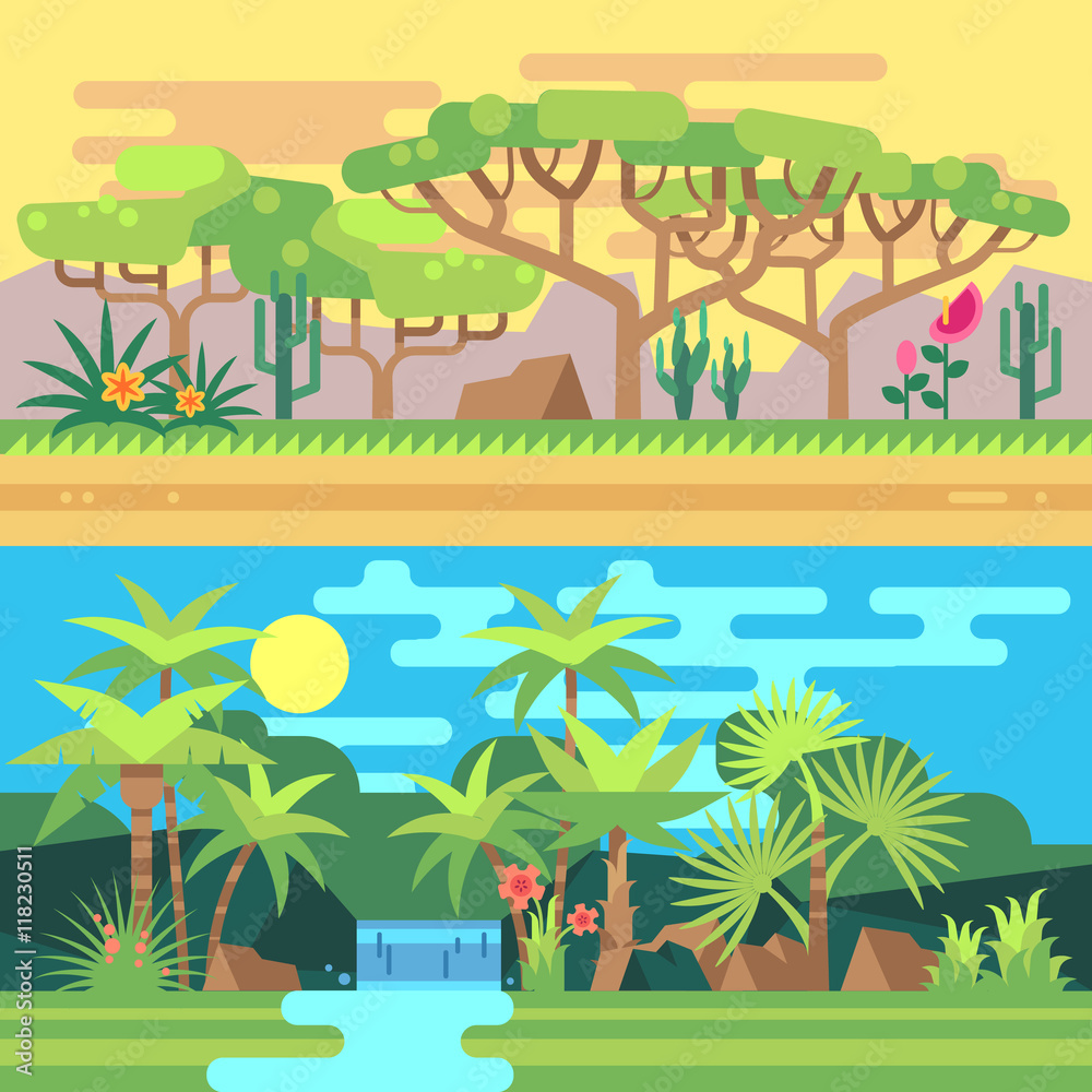 Sticker tropical forest landscapes vector flat illustration