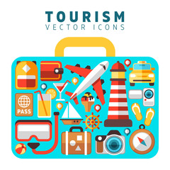 Travel holiday vacation concept with flat tourism vector icons in suitcase form