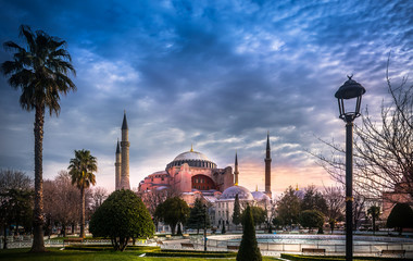 Hagia Sophia church , mosque and now museum in Istanbul Turkey exterior view at sunset view from...