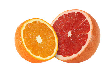 cut grapefruit and orange fruits isolated on white background wi