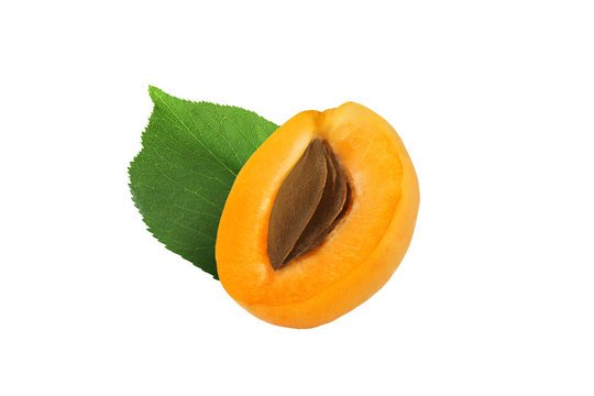 Half apricot with stone and leaf  isolated on white background w