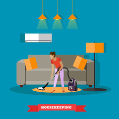 Cleaning service concept vector illustration. Woman clean home living room