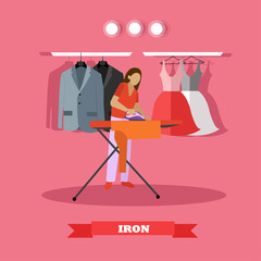 Woman ironing clothes vector illustration. Housewife uses the home appliance