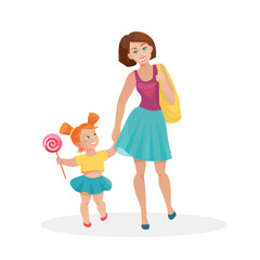 mom and young daughter walking