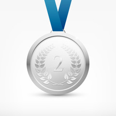 Shiny vector silver medal with blue ribbon