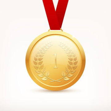 Shiny vector gold medal with red ribbon