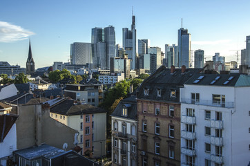 View of Frankfurt am Main skyline at dusk, Germany