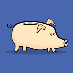 Vector illustration of traditional piggy bank with a coin slot and a curly tail standing on a blue background