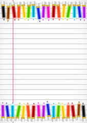 School notebook background with colorful pencils on top and bottom on page of copybook in line. Back to school. Teacher's day. Raster illustration