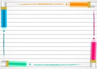 School background with colorful pencils on perimeter as frame on page of notebook in line. Back to school. Teacher's day. Raster illustration