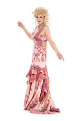 Portrait Drag Queen in Pink Evening Dress Performing