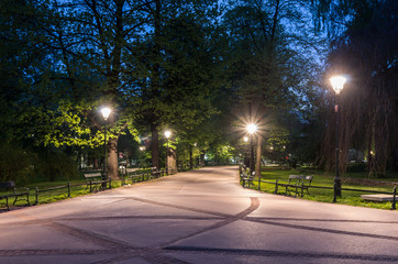 Planty park in the night, Krakow, Poland